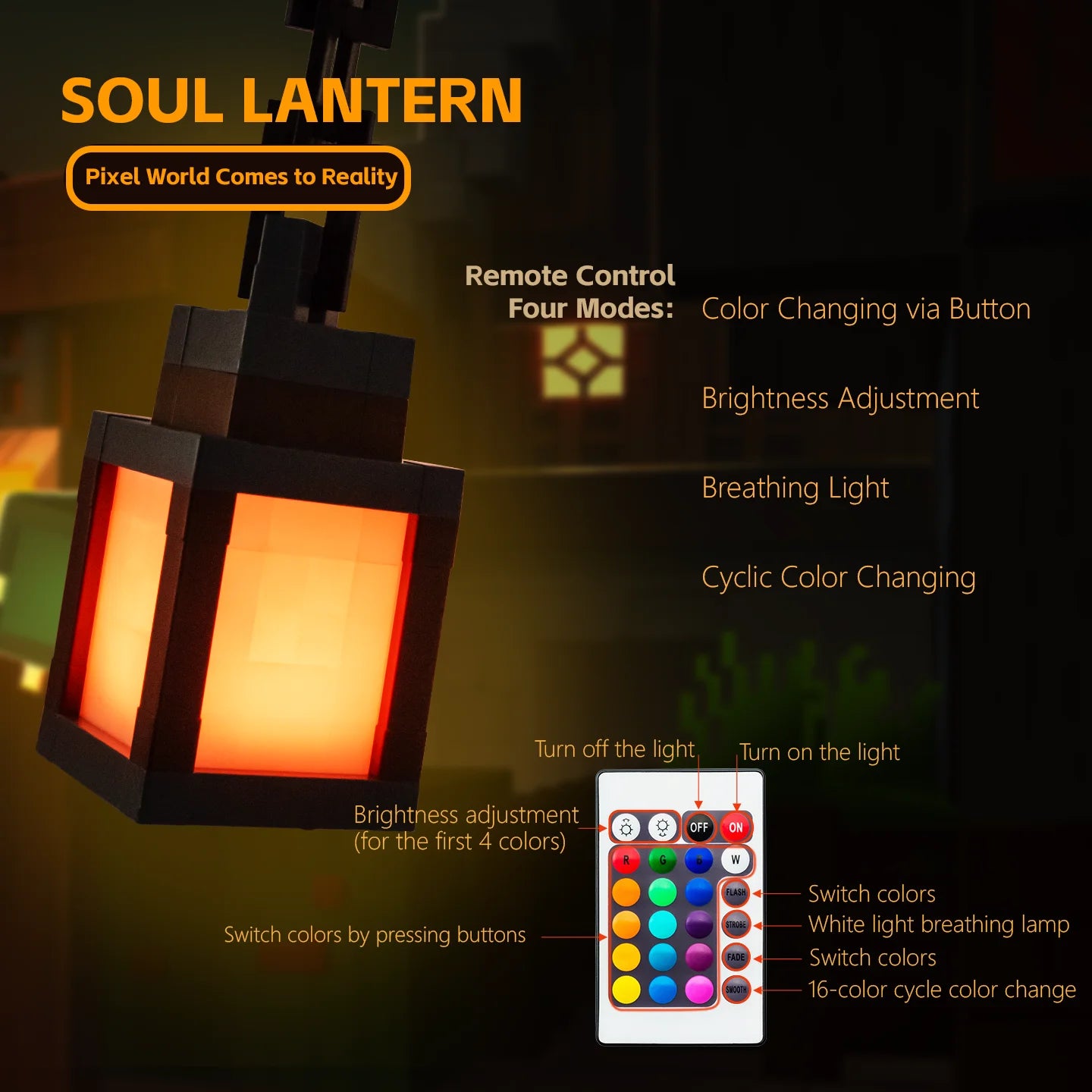 Pixel Lantern™ – 16-Color Retro LED Night Light with Remote Control (USB Rechargeable)