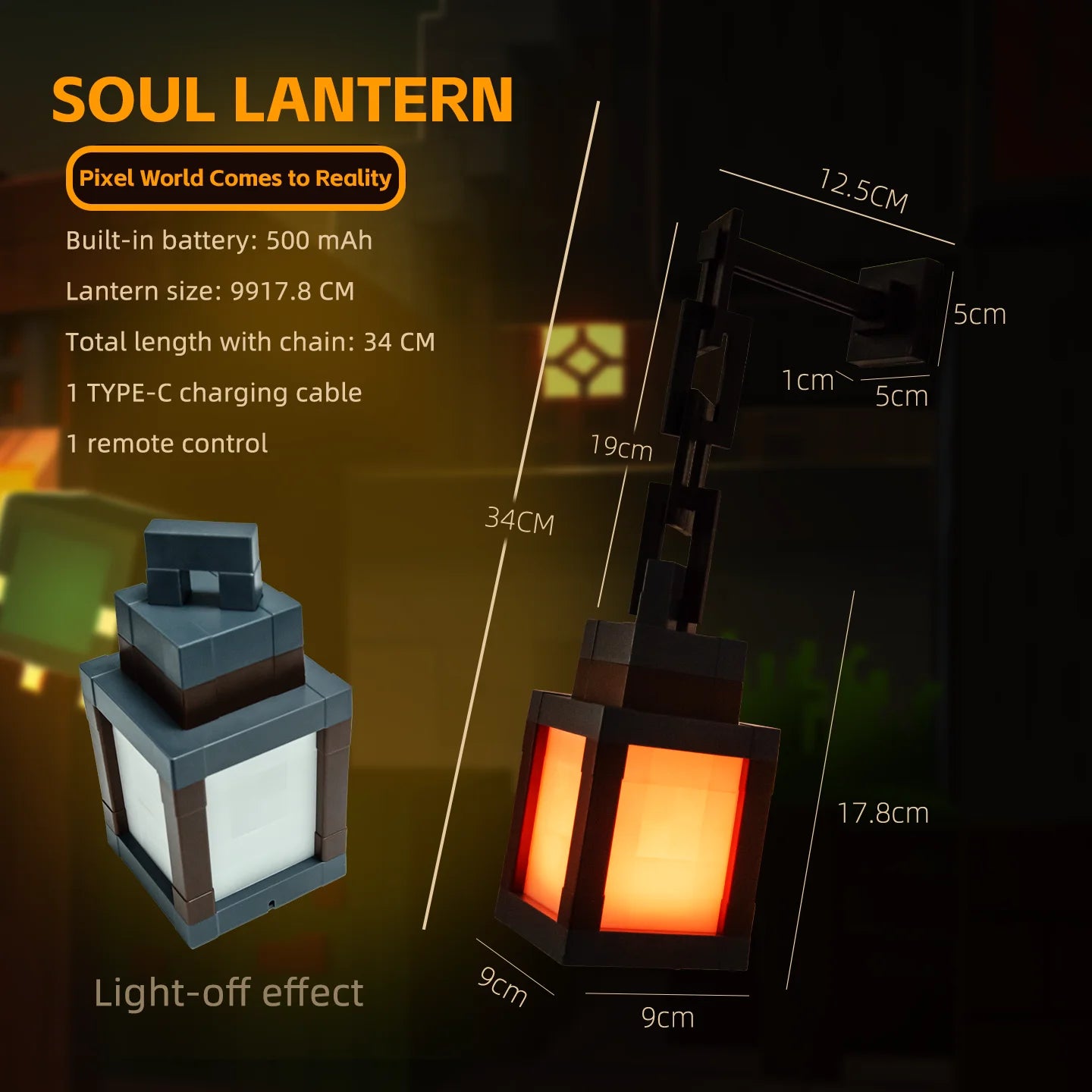 Pixel Lantern™ – 16-Color Retro LED Night Light with Remote Control (USB Rechargeable)