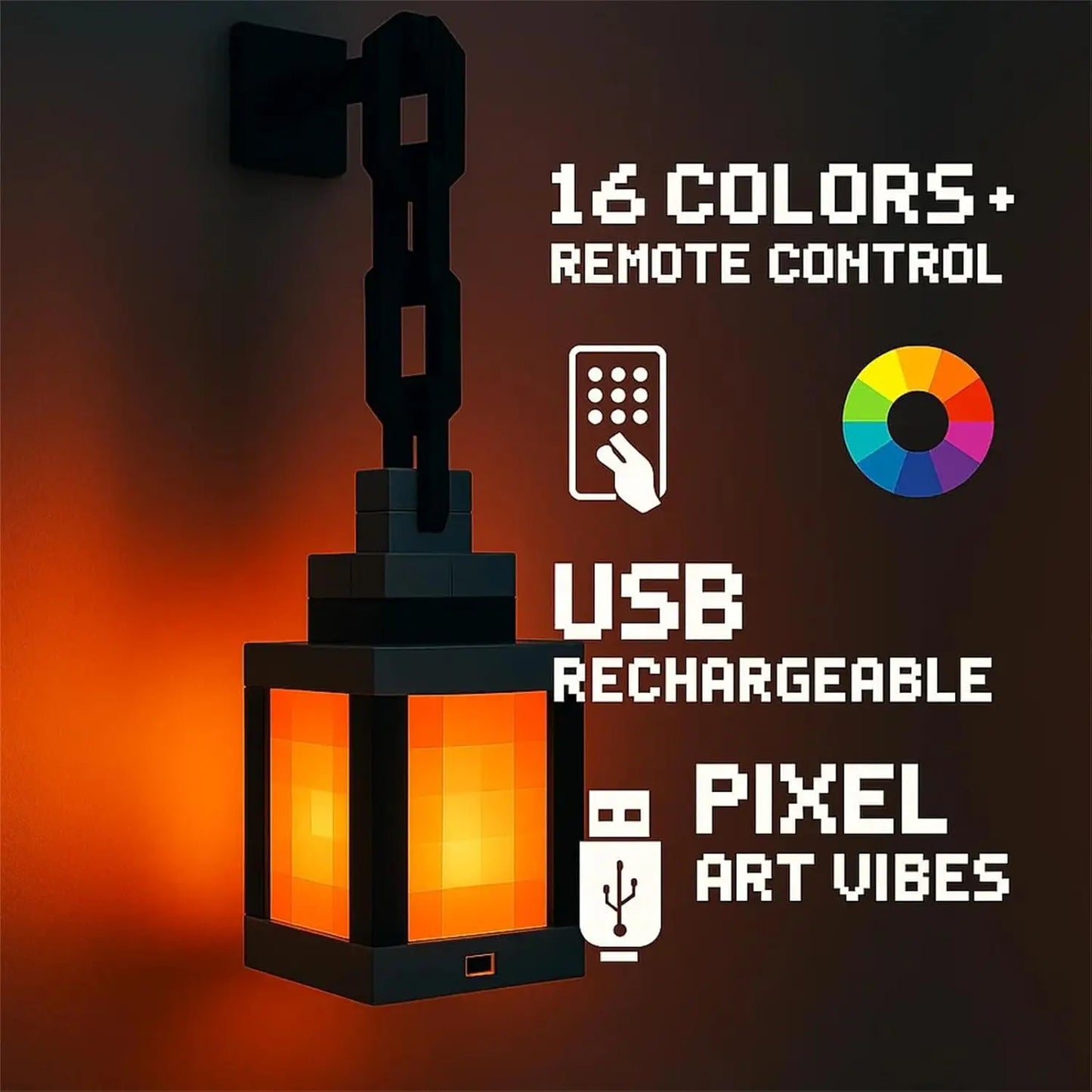 Pixel Lantern™ – 16-Color Retro LED Night Light with Remote Control (USB Rechargeable)