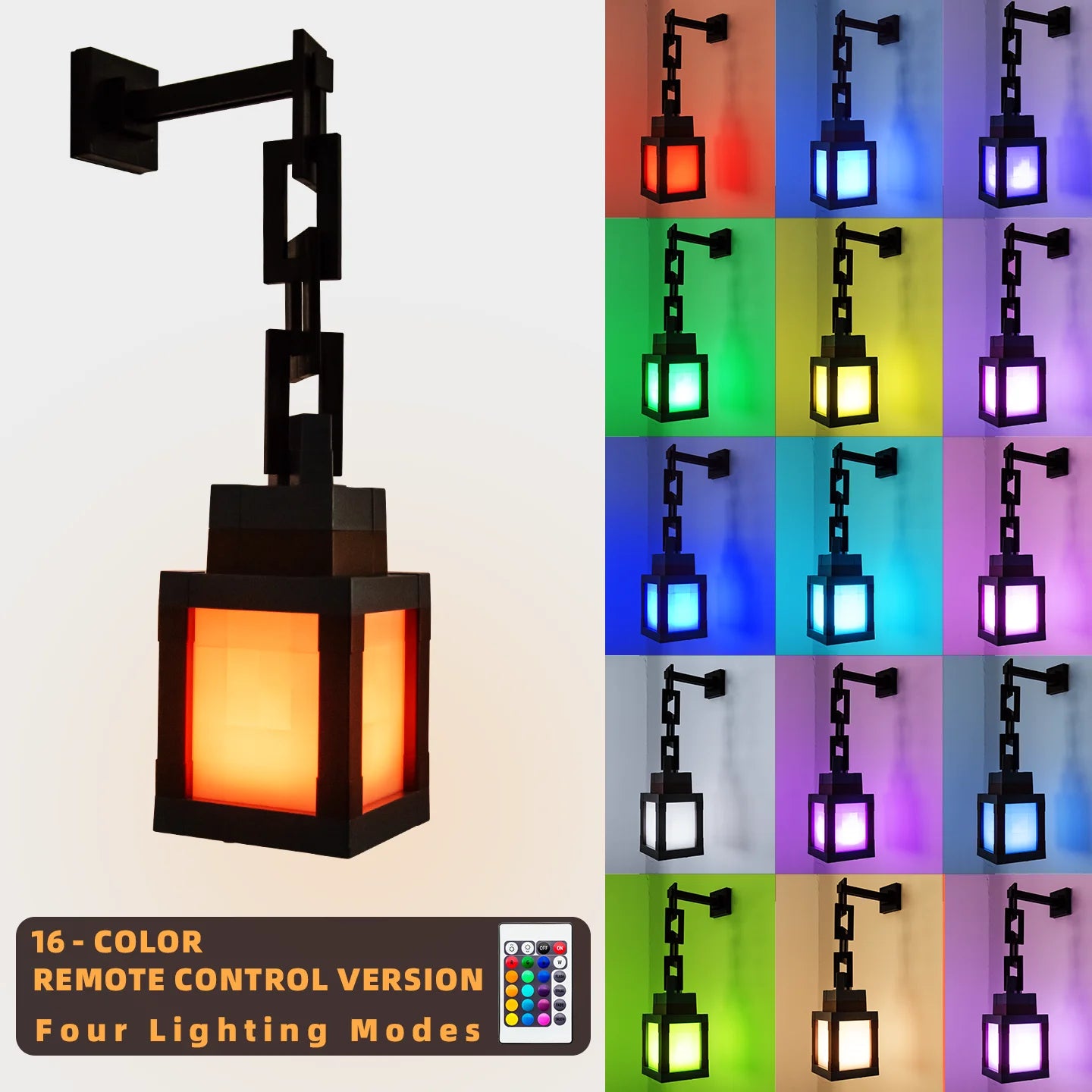 Pixel Lantern™ – 16-Color Retro LED Night Light with Remote Control (USB Rechargeable)