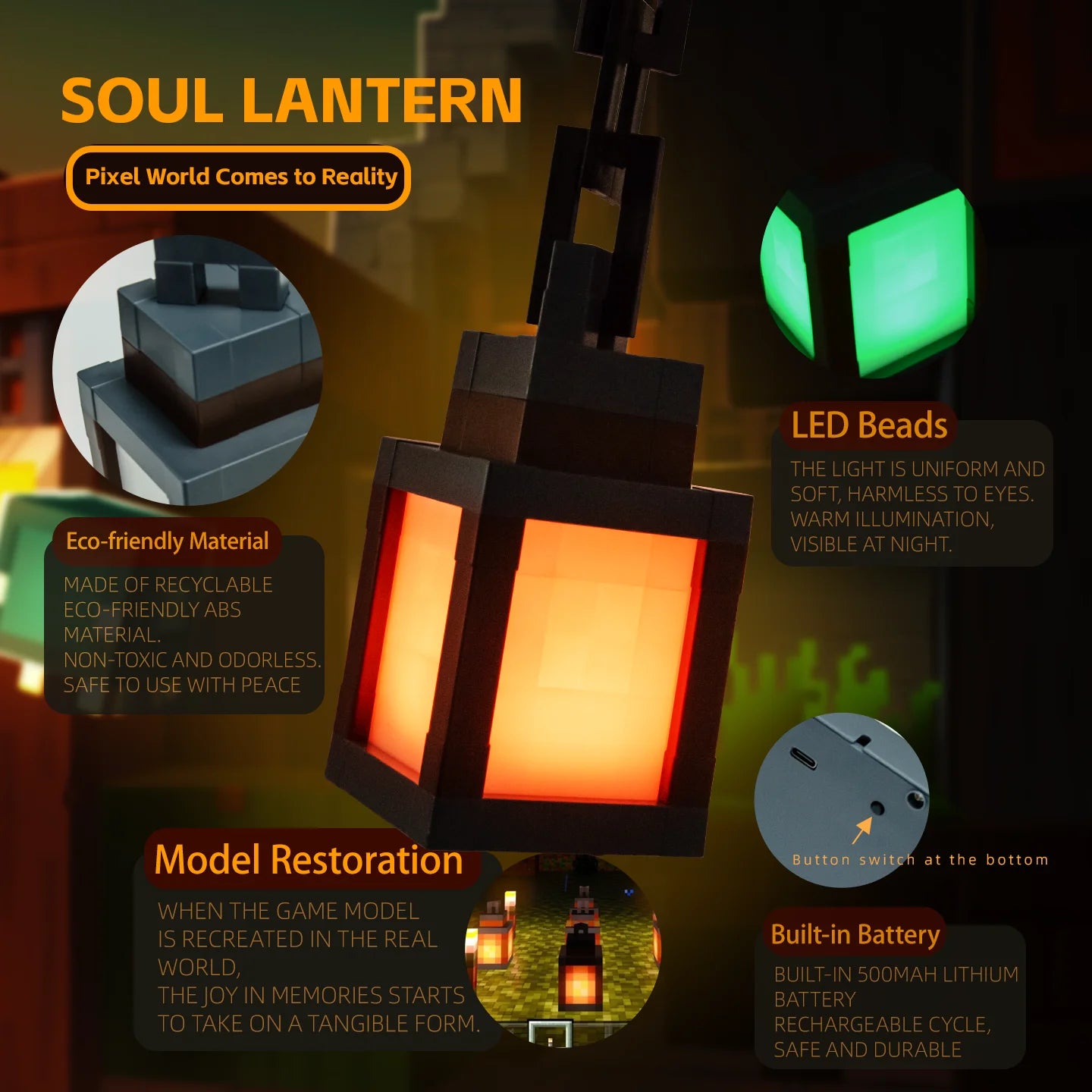 Pixel Lantern™ – 16-Color Retro LED Night Light with Remote Control (USB Rechargeable)
